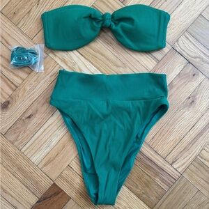 Aerie Green Ribbed Bandeau Bikini Set with High Waist Bottoms in Size Small